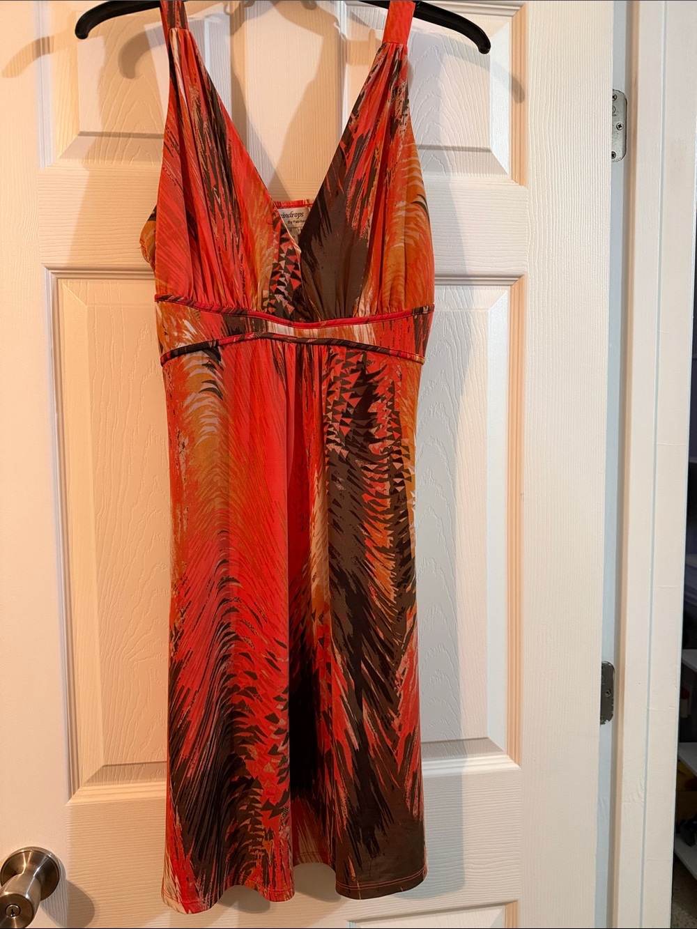 Sleeveless V-Neck Midi Dress in Red and Brown Abstract Print